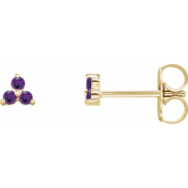 Aretes de Oro Amarillo 14K con Amatistas Naturales de Tres Piedras