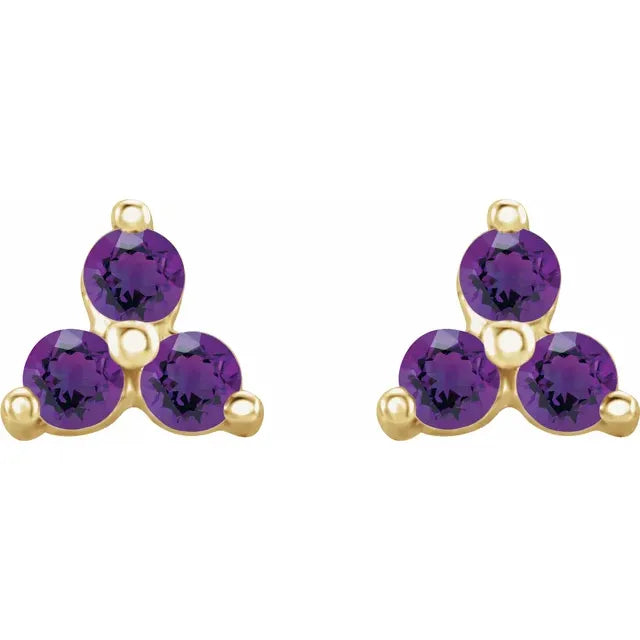 Aretes de Oro Amarillo 14K con Amatistas Naturales de Tres Piedras