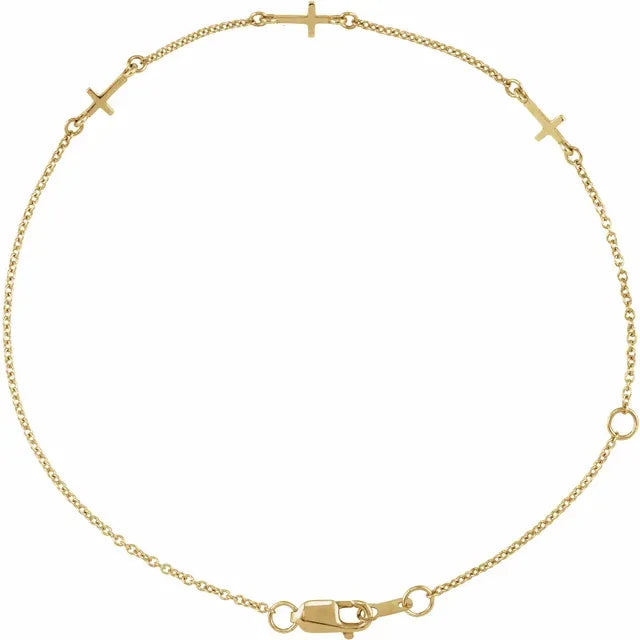 Pulsera de Oro Amarillo 14K con Tres Cruces Ajustable de 6½” a 7½”