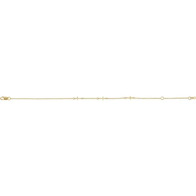 Pulsera de Oro Amarillo 14K con Tres Cruces Ajustable de 6½” a 7½”