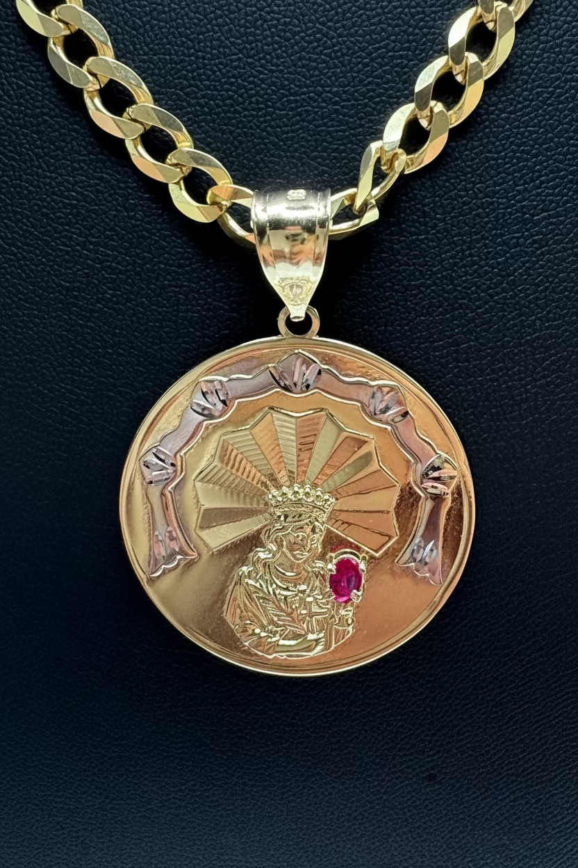 Cadena Corte Brillo con Medalla de Santa Bárbara en Oro 10k
