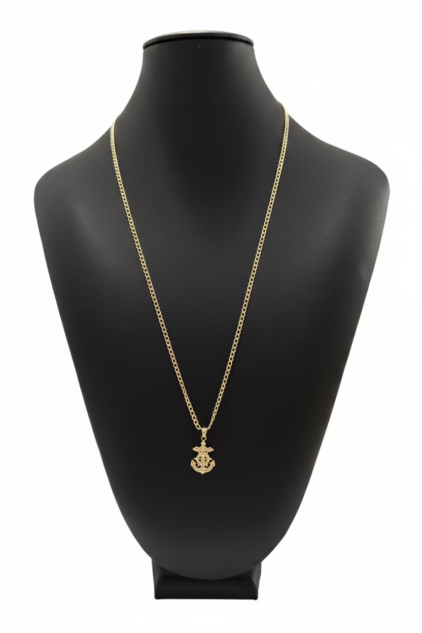 Cadena Corte Brillo con Dije de Ancla y Cristo en Oro 10K