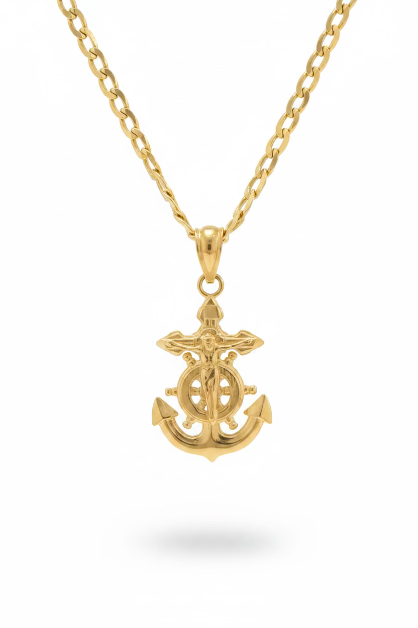 Cadena Corte Brillo con Dije de Ancla y Cristo en Oro 10K
