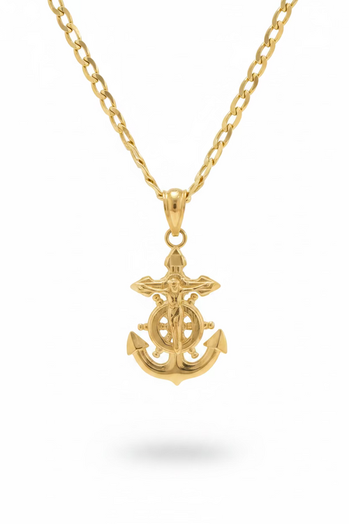 Cadena Corte Brillo con Dije de Ancla y Cristo en Oro 10K