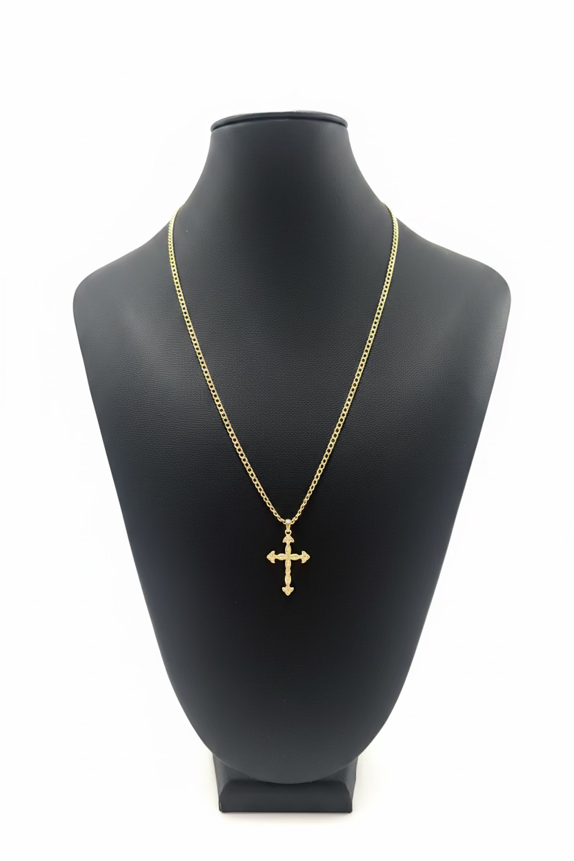 Cadena Corte Brillo 24” con Dije de Cruz – Oro 10K